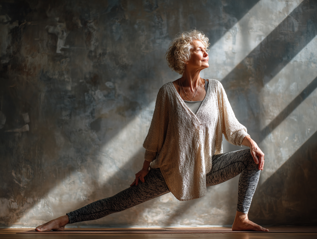 Група старших людей практикує йогу в затишному залі