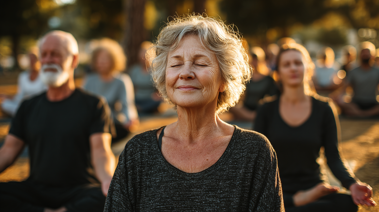 Жінка зрілого віку виконує ранкову дихальну практику на терасі з видом на сад